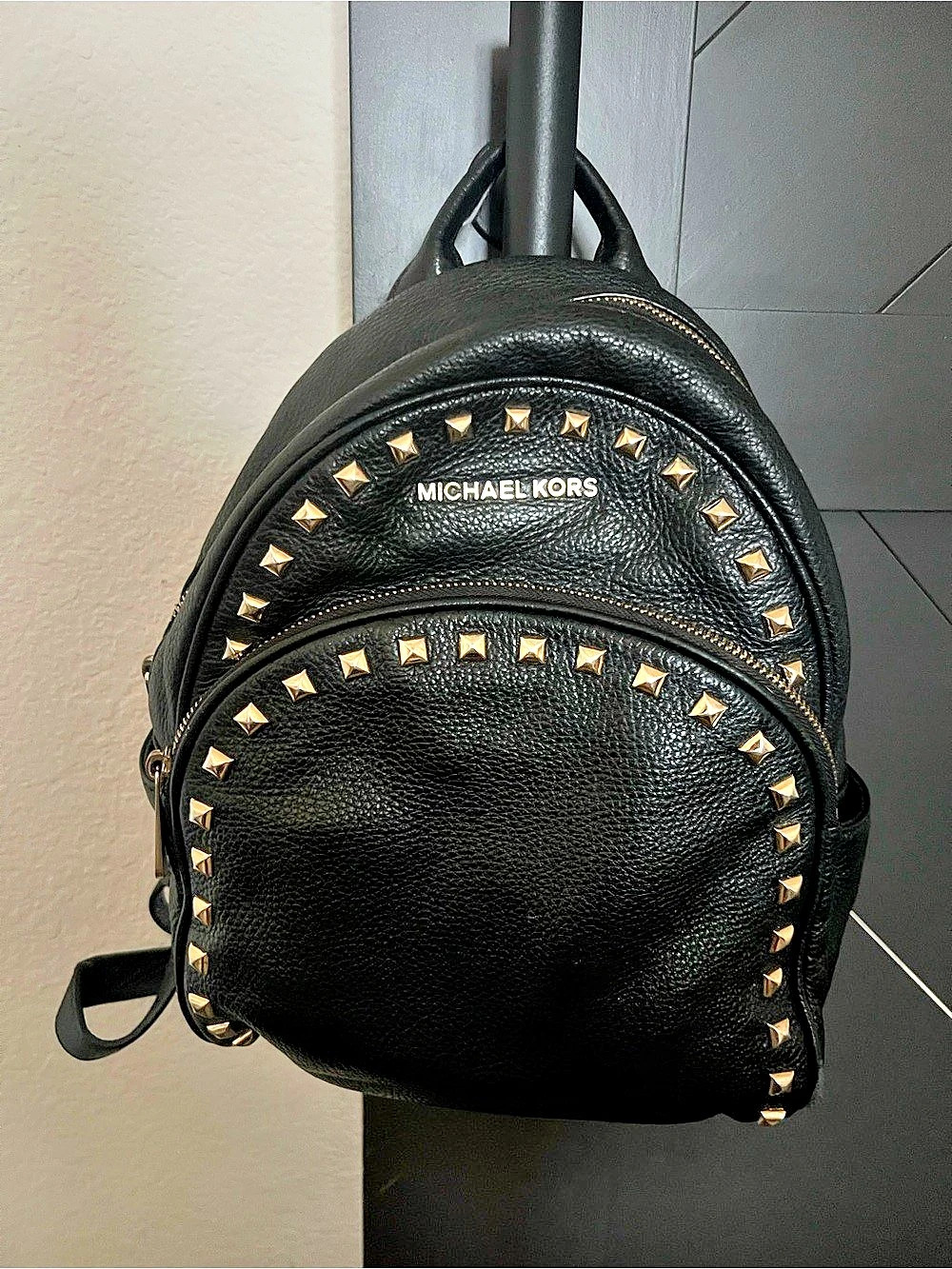 Michael Kors Rhea Medium Studded Pebbled Leather Backpack Black